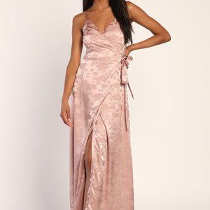 Lulu's Feeling Chic Dusty Pink Floral Satin Jacquard Wrap Maxi Dress